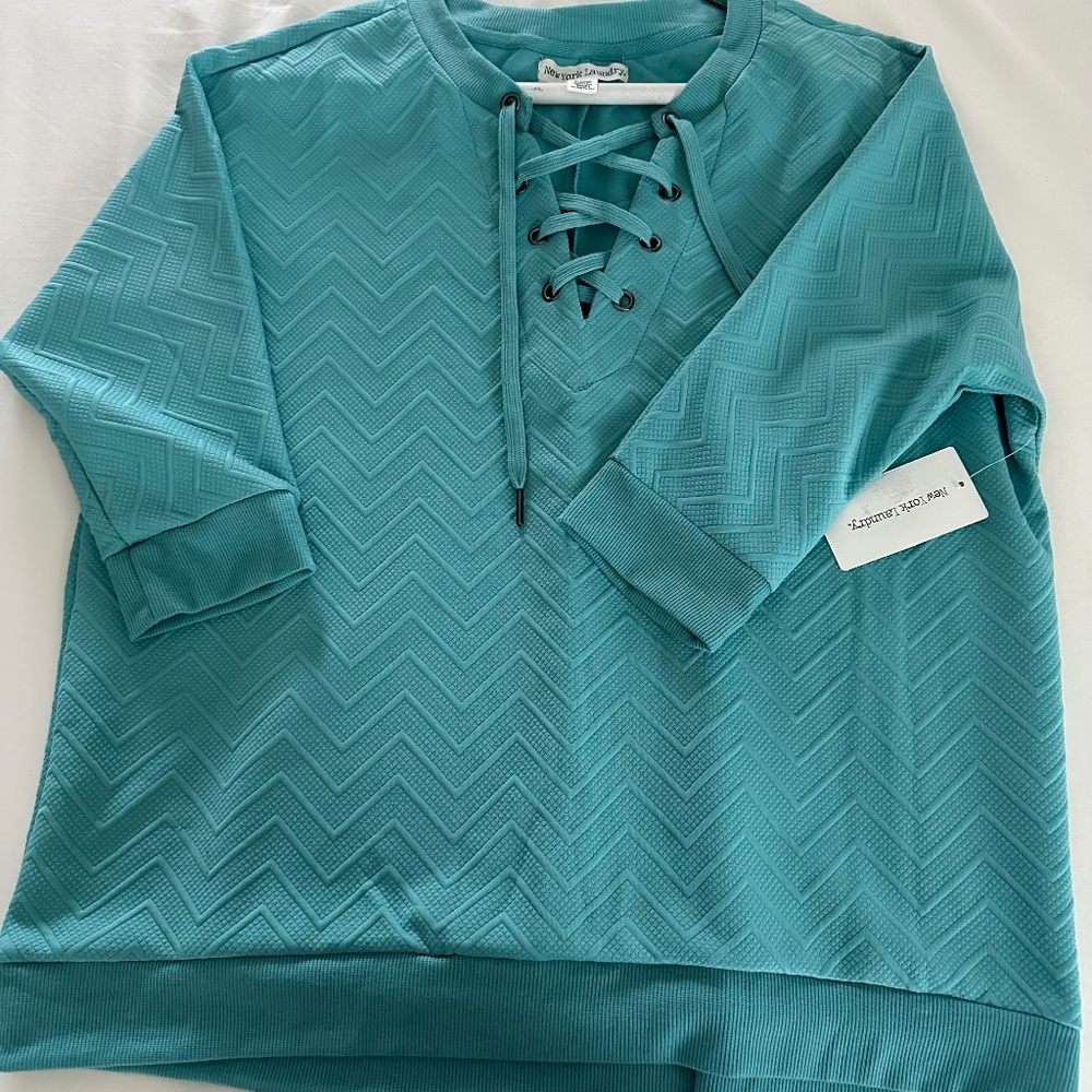 New York Laundry Women's Top Lace Up Banded Bottom 3/4 Sleeves Teal Size M NWT